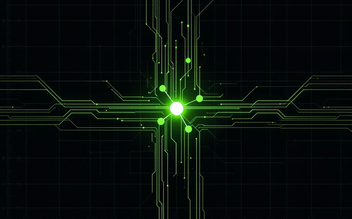 Flat green-on-black engineered schematic of a square-planar copper(II) coordination node bonded to an abstract three-residue Gly-His-Lys chain